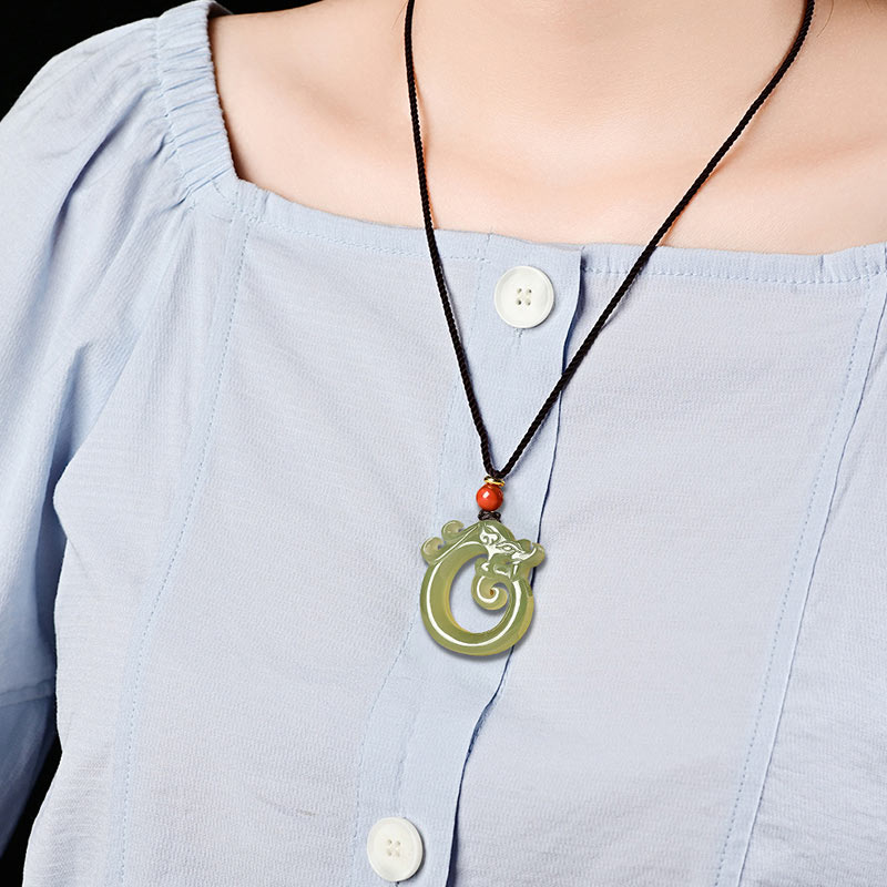 White Jade Cyan Jade Dragon Pendant – green jade dragon necklace worn on model, elegant