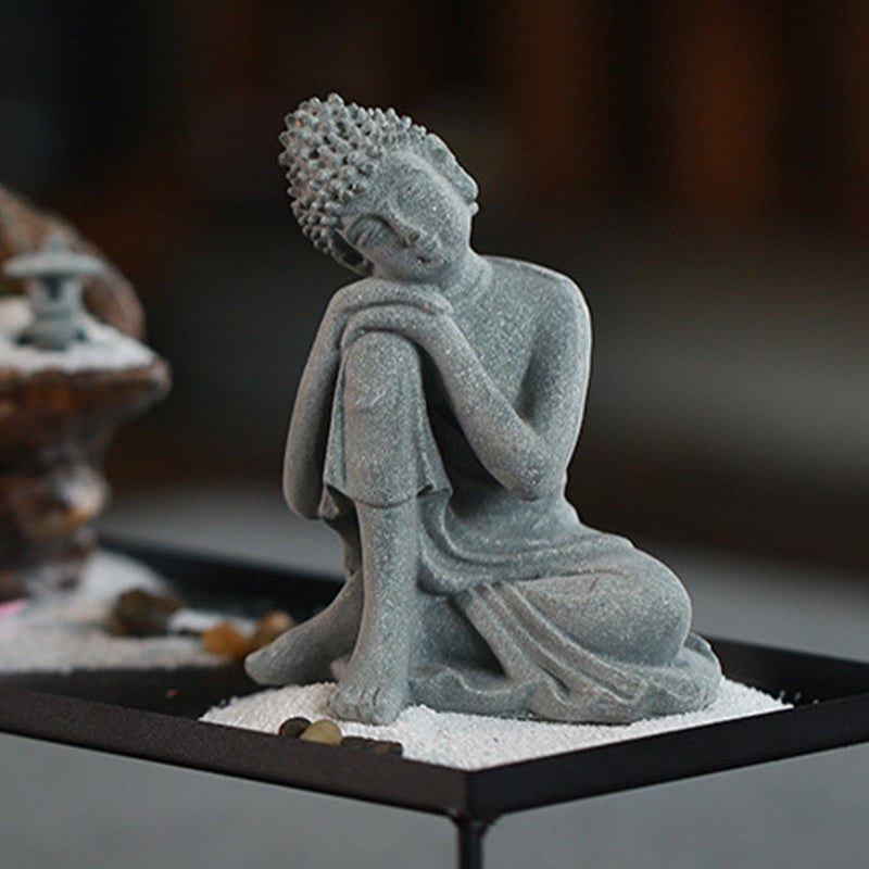 Sitting Meditation Buddha Sandstone Statue – profile zen garden, white sand pebbles, lantern, zen