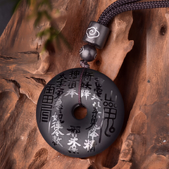 Natural Black Obsidian Double-Sided Carved Talisman Coin Peace Buckle Bagua Pendant Necklace Feng Shui