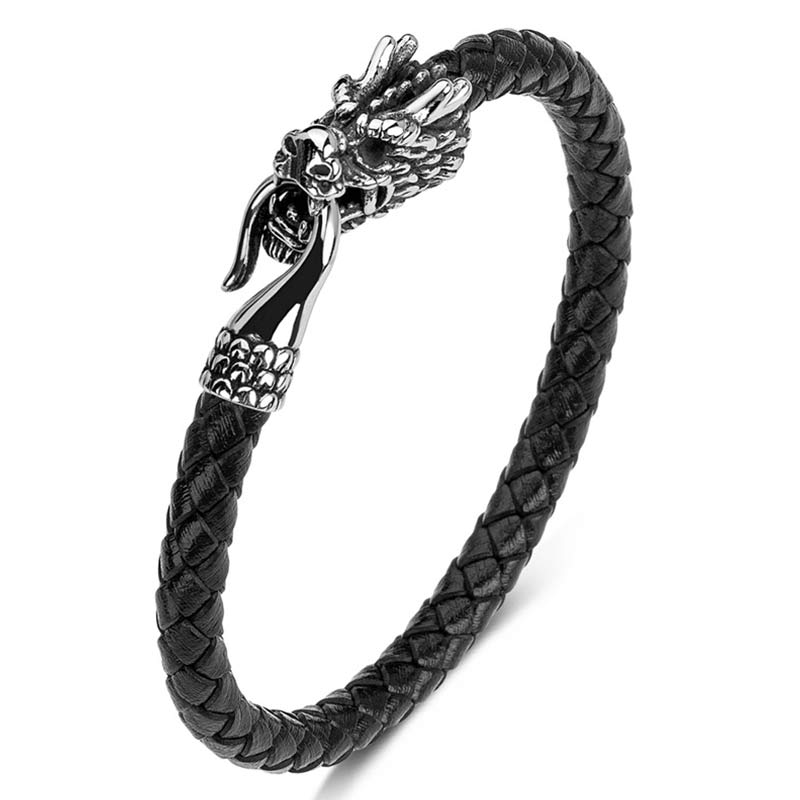 Dragon Protection Bracelet - Brown braided leather with silver dragon head, Earthy
