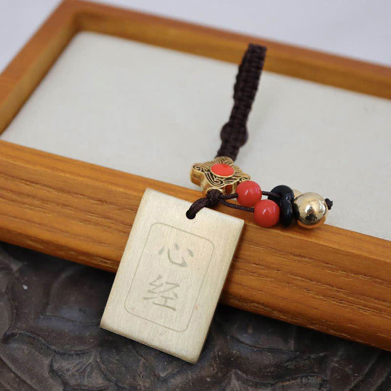 Feng Shui Yin Yang Bagua Keychain - Wooden Heart Sutra plaque with red beads, wooden feng shui charm