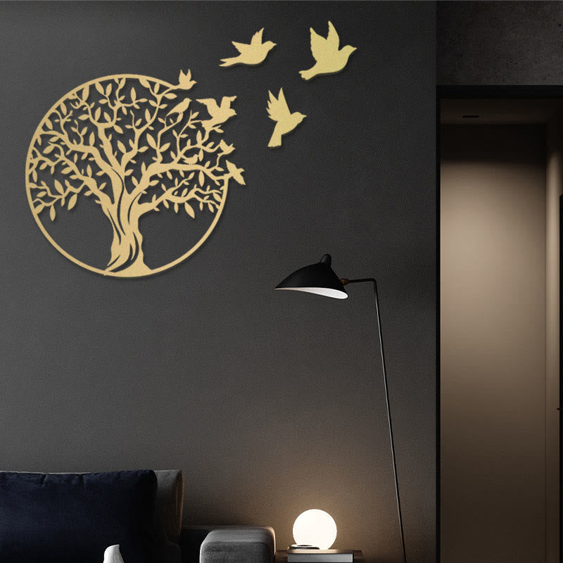 Tree of Life Birds Metal Wall Art - gold tree with birds on dark wall, moody lighting with floor lamp and glow
