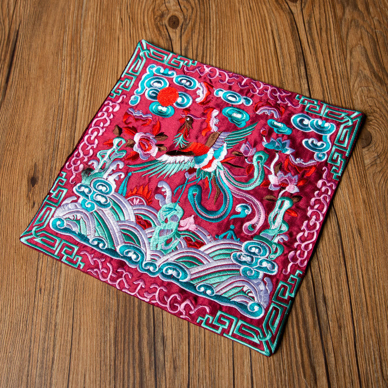 Phoenix Dragon Kirin Embroidery Tea Cup Mat - Magenta base teal phoenix wave embroidery, Velvet Luxury