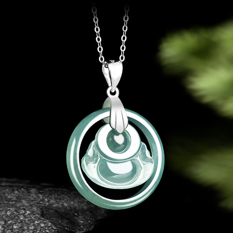 Jade Round Laughing Buddha Abundance Necklace – Detailed robe pattern carving, money fortune pendant