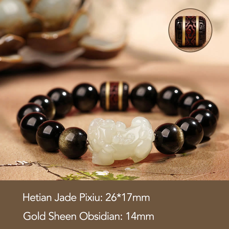 Gold Sheen Obsidian Hetian Jade PiXiu Wealth Bracelet – White jade PiXiu 14mm obsidian with size overlay, classic