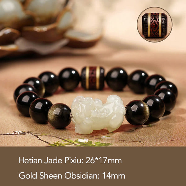 Gold Sheen Obsidian Hetian Jade PiXiu Wealth Bracelet – White jade PiXiu 14mm obsidian with size overlay, classic