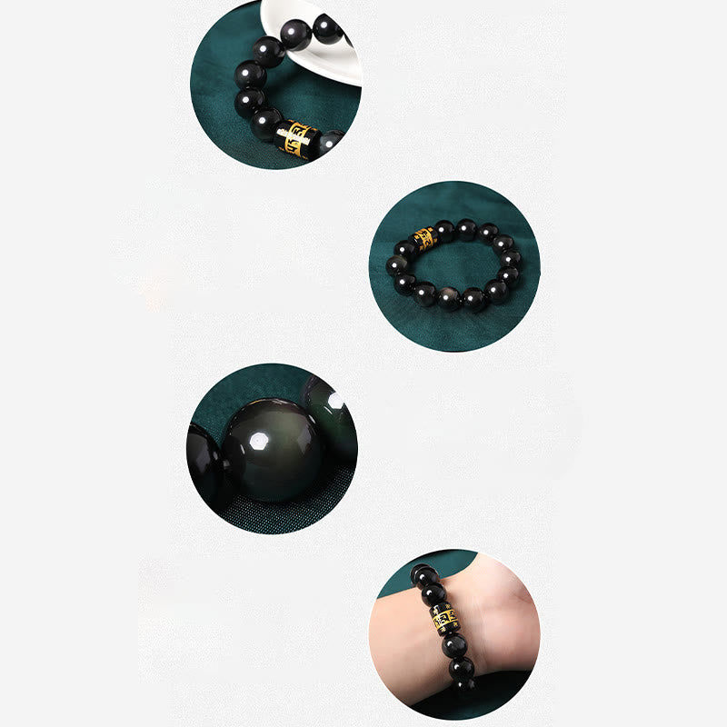 Rainbow Obsidian Bracelet – Multi-angle composite showing bead detail, flat lay and wrist views, obsidian bracelet