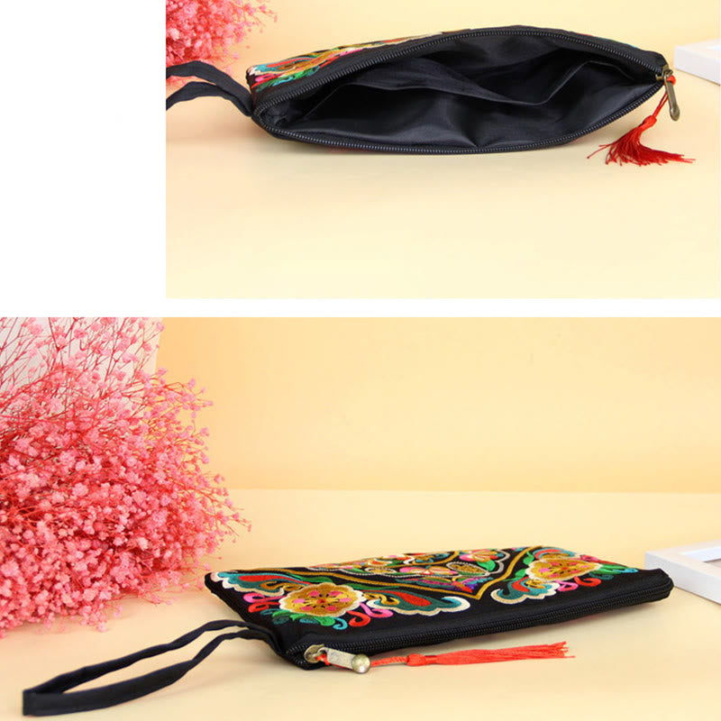 Dragon Butterfly Embroidery Wallet - Open and closed views with tassel and baby breath, Versatile