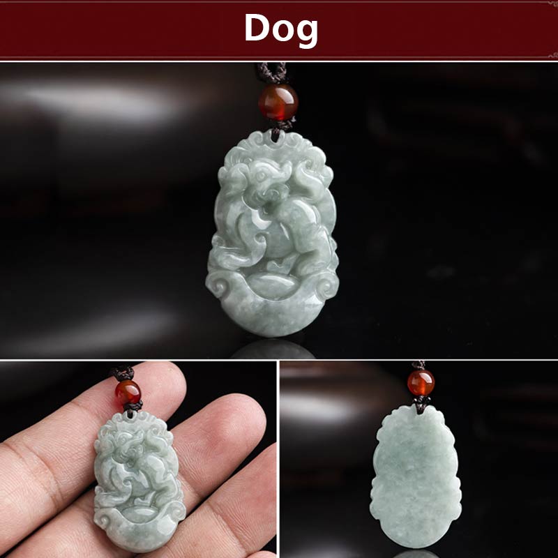 Natural Jade Chinese Zodiac Pendant – Dog alert pose front and reverse, loyalty
