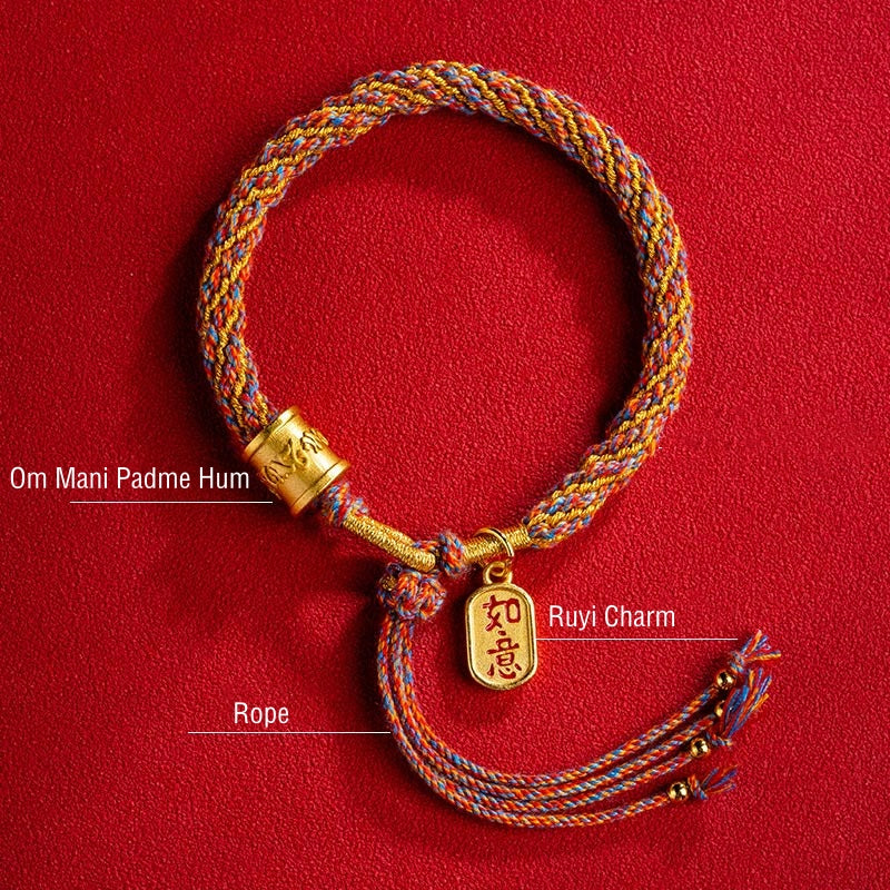 Multicolored Tibetan Om Mani Padme Hum Ruyi Braided Bracelet – Ruyi charm with mantra bead, lucky bracelet