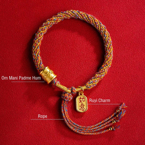 Multicolored Tibetan Om Mani Padme Hum Ruyi Braided Bracelet – Ruyi charm with mantra bead, lucky bracelet