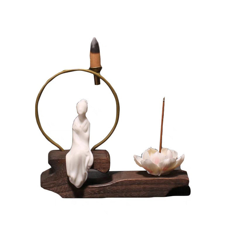 Ceramic Lotus Incense Burner – celadon seated, brass halo, smooth finish, zen heal