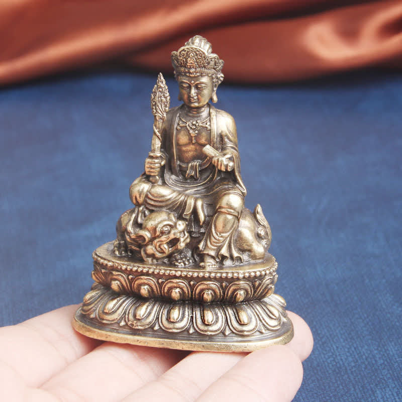 Manjusri Bodhisattva Copper Statue – Detailed flame sword of wisdom raised high, spiritual sculpture