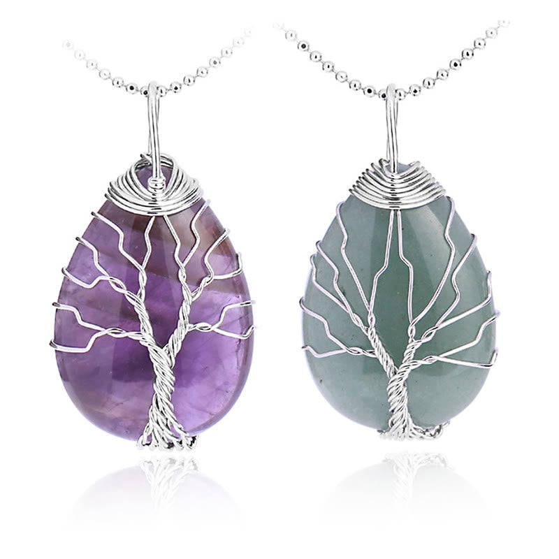 Quartz Crystal Tree of Life Necklace – amethyst and aventurine pendants, silver wire, white background, crystal