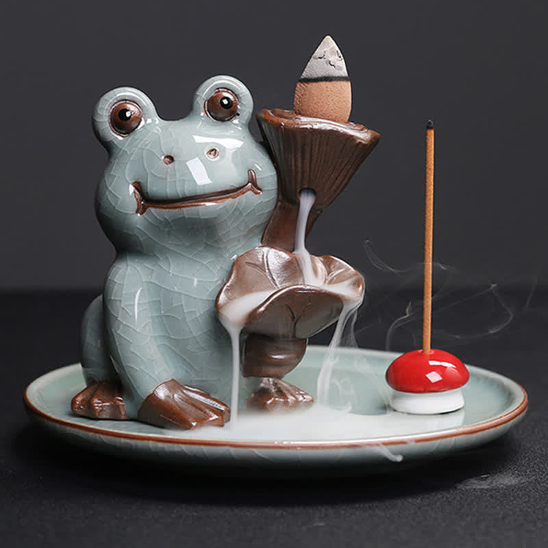 Meditation Frog Ceramic Lotus Incense Burner - Side angle revealing backflow smoke through lotus tiers, Relaxing