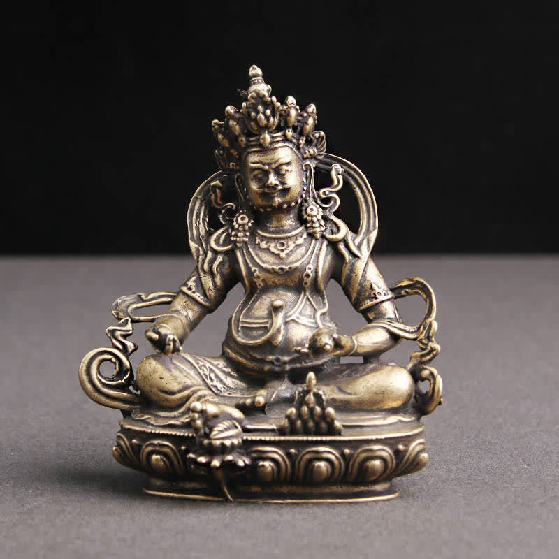 Yellow Jambhala Copper Buddha Statue – front view showing vibrant flag string, healing blessings decor
