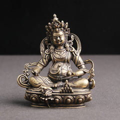 Yellow Jambhala Copper Buddha Statue – front view showing vibrant flag string, healing blessings decor