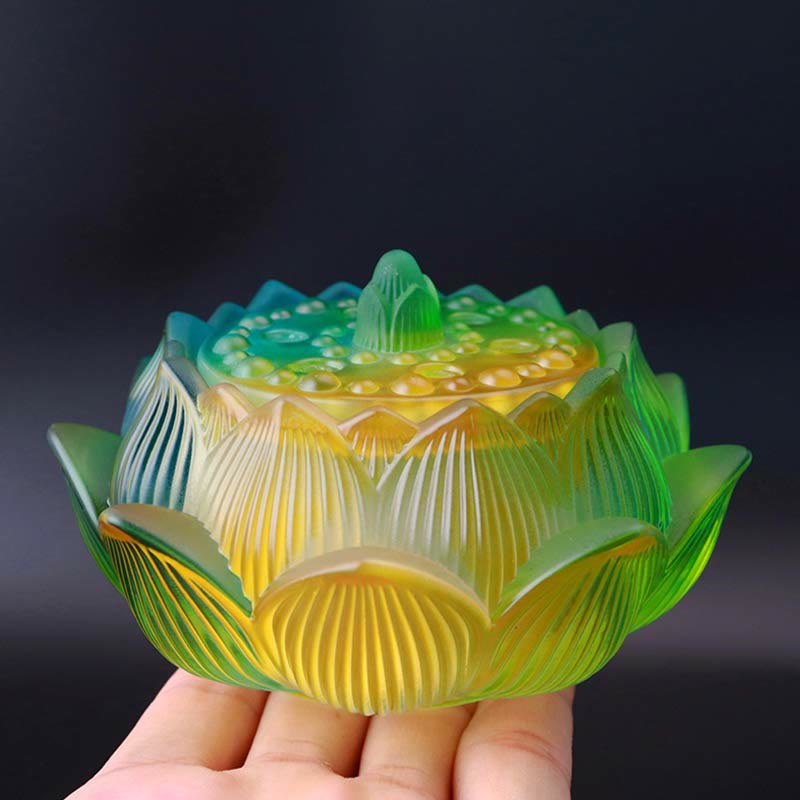Lotus Liuli Incense Burner - teal-to-gold lid with lotus bud knob, luminous
