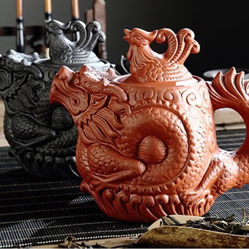 Vintage Dragon Phoenix Purple Clay Teapot – terracotta and black dragon phoenix teapots with tea leaves and scoop, dual color
