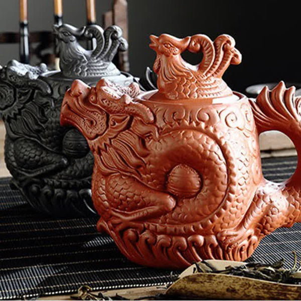 Vintage Dragon Phoenix Purple Clay Teapot – terracotta and black dragon phoenix teapots with tea leaves and scoop, dual color