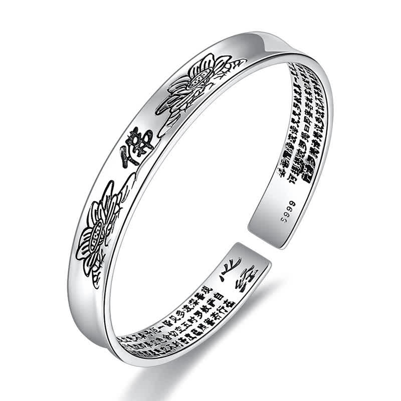 Heart Sutra Lotus Copper Cuff Bracelet - polished silver with engraved Buddha and lotus on white, Spiritual jewelry