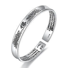 Heart Sutra Lotus Copper Cuff Bracelet - polished silver with engraved Buddha and lotus on white, Spiritual jewelry