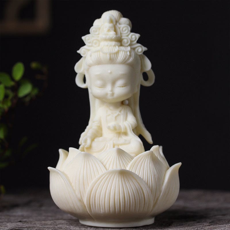 Kwan Yin Ivory Fruit Lotus Decoration - ivory-white chibi Guanyin on carved lotus base, dark background, Serene