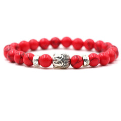Purple Agate Tiger Eye Buddha Bracelet – red turquoise beads, silver Buddha head front view – front, courage