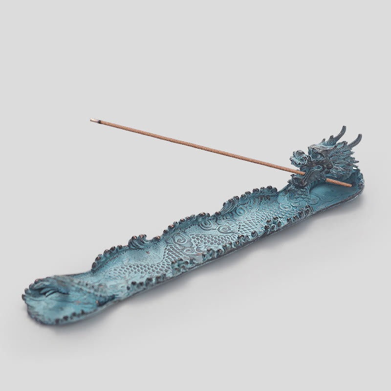 Dragon Alloy Incense Burner - Turquoise dragon with incense on white studio background, protective