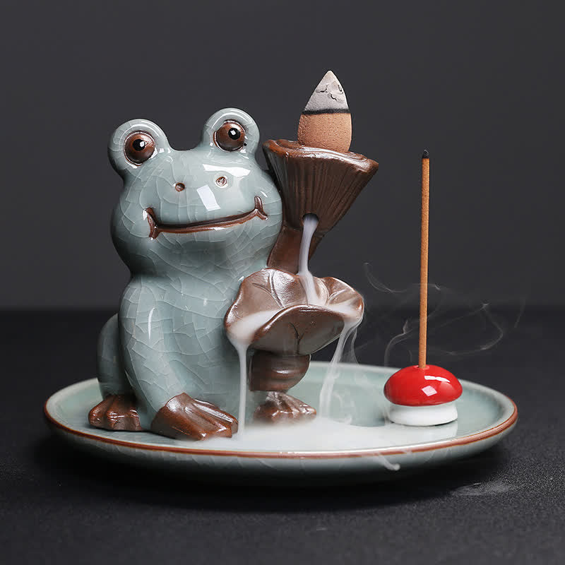 Meditation Frog Ceramic Lotus Incense Burner - Frog holding dual lotus leaf tiers with waterfall smoke, Calming