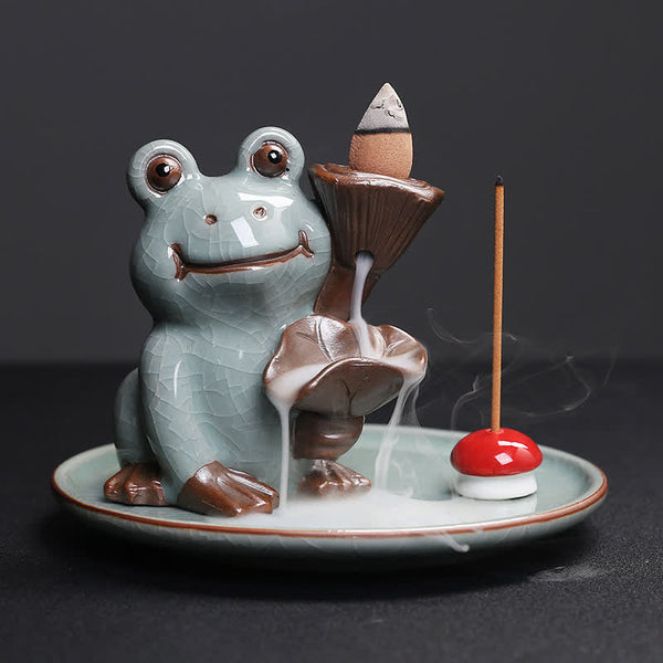 Meditation Frog Ceramic Lotus Incense Burner - Frog holding dual lotus leaf tiers with waterfall smoke, Calming