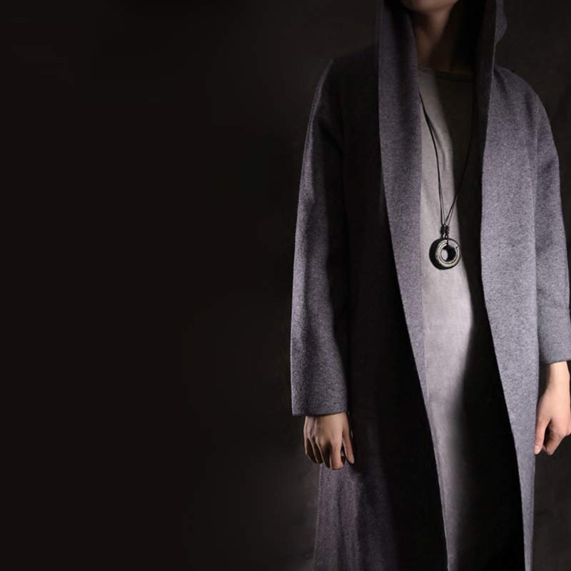 Hooded Long Cardigan - heather gray wool duster coat with open front, minimalist oversized knit sweater