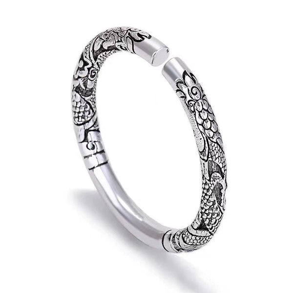 Dragon Auspicious Clouds Bangle – white background cuff with dragon scales, Polished Silver