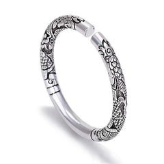 Dragon Auspicious Clouds Bangle – white background cuff with dragon scales, Polished Silver