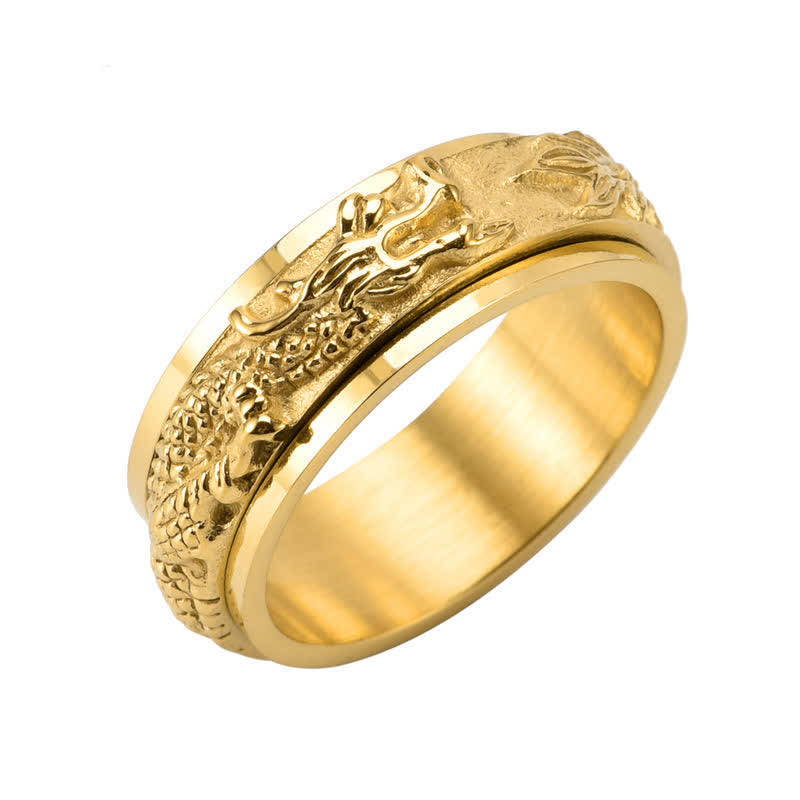 Dragon Titanium Steel Ring – Gold dragon spinner floating on white, strength