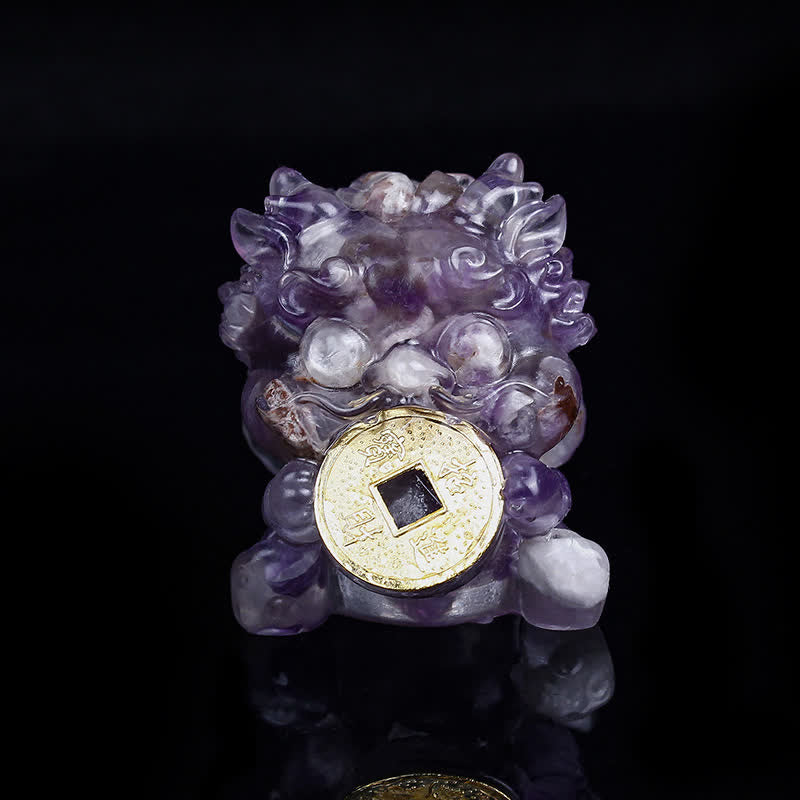 Handmade PiXiu Crystal – Light amethyst crystal front view on black, healing statue