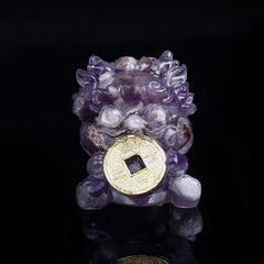 Handmade PiXiu Crystal – Light amethyst crystal front view on black, healing statue