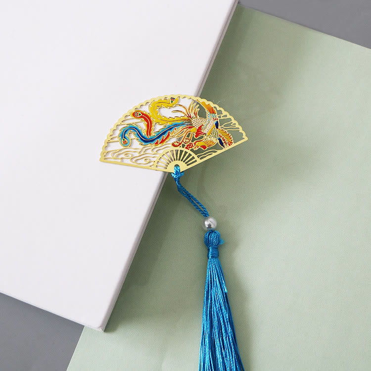 Brass Hollow Fan Bookmark - Phoenix cutout with colorful enamel and cyan tassel, majestic
