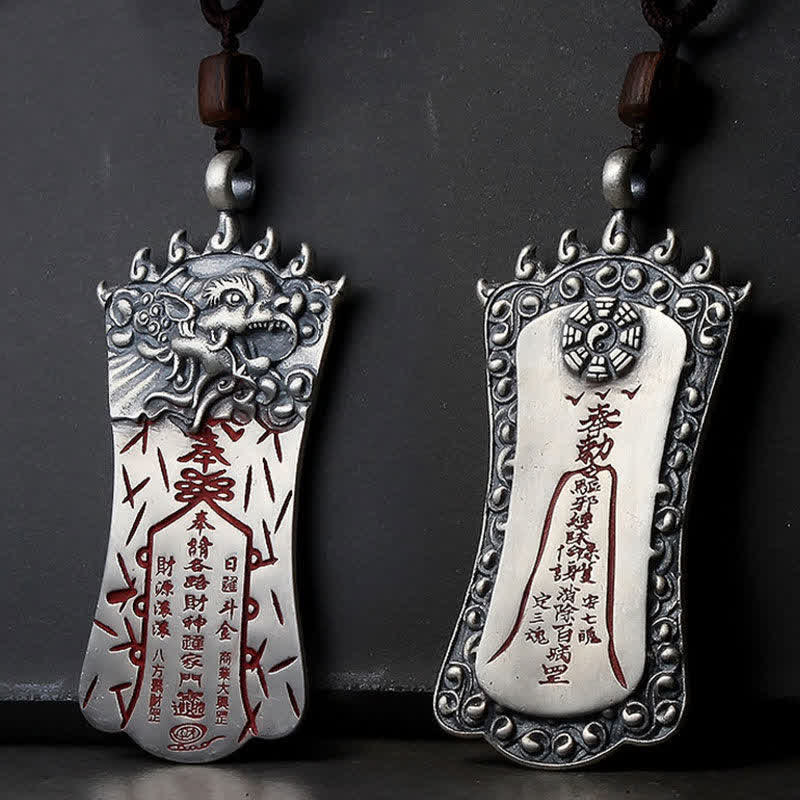 Bagua PiXiu Necklace – Front and back silver pendant, PiXiu face and Bagua symbol with red text, balance
