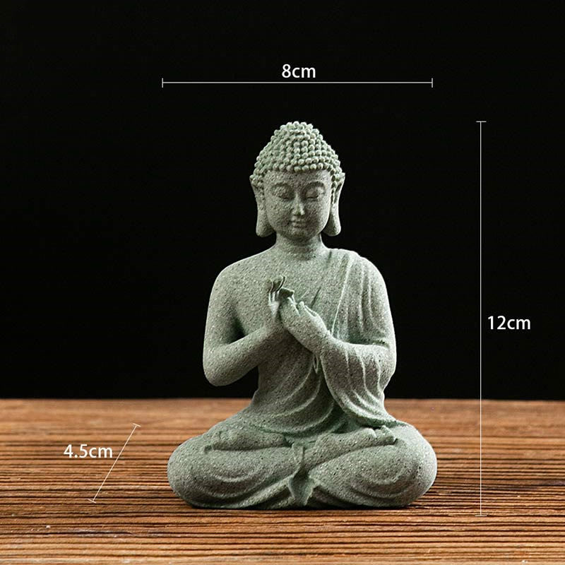 Green Sandstone Buddha Statue – Namaste Buddha with size markings 8cm by 12cm, front