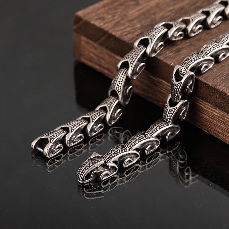 Dragon Necklace Bracelet Set - Wolf-head bracelet with geometric links on wood, Power