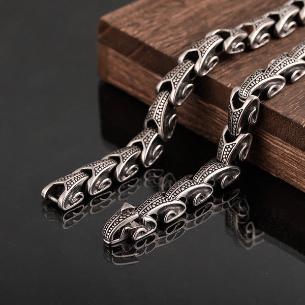 Dragon Necklace Bracelet Set - Wolf-head bracelet with geometric links on wood, Power
