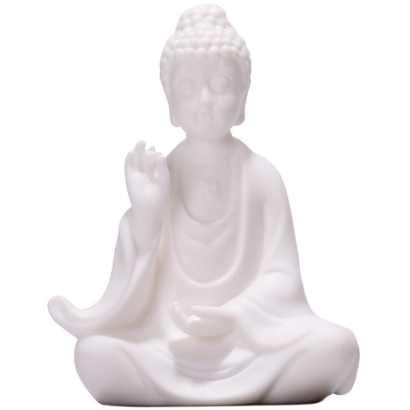 Ceramic LED Bodhisattva Decoration – white Buddha, white background, full body, raised hand, minimal