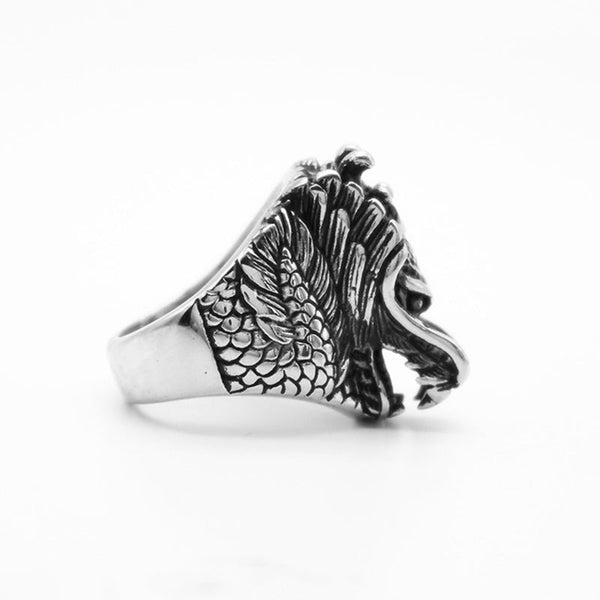 Dragon Balance Titanium Steel Ring – side profile with flowing mane and scaled armor, warrior