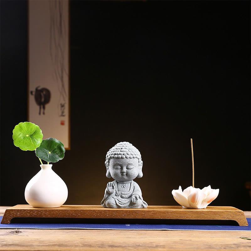 Meditation Praying Buddha Statue – base engraving and felt pad bottom, furniture protection detail