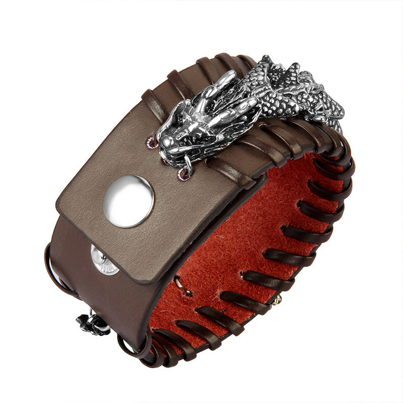Dragon Leather Weave Protection Bracelet – dragon head on brown leather cuff with laced edges, strong