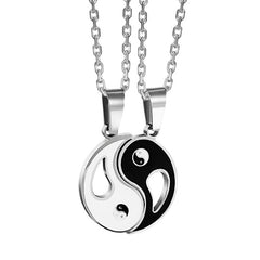 Yin Yang Pendant Couple Necklace Set - Interlocking black and silver yin-yang pendants on matching chains, couples necklac...