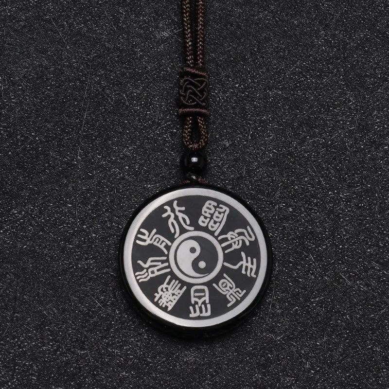 Black Obsidian Nine-Character Mantra Necklace – Obsidian Bagua trigram pendant with seal script engraving, Taoist symbol