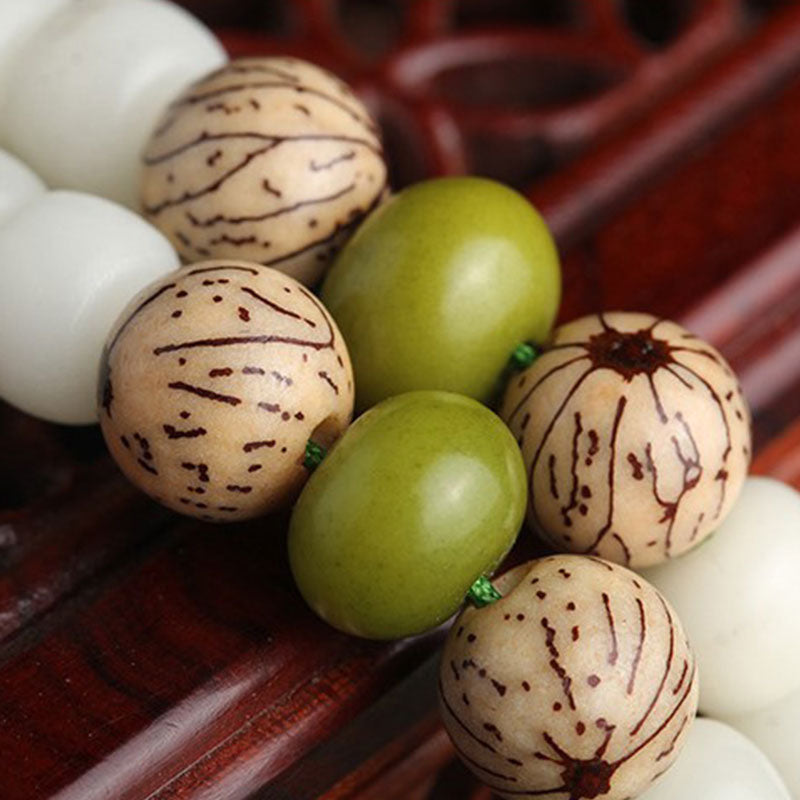 Bodhi Seed Lotus Mala - detailed bead mix with natural bodhi patterns and green jade, hand-knotted