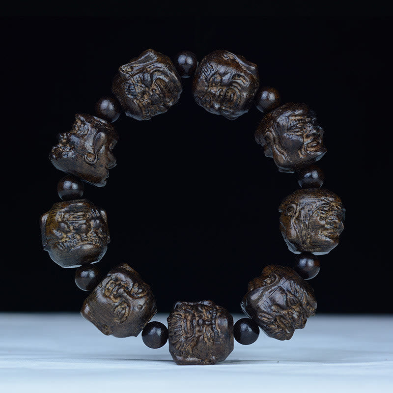 Ebony Wood Eighteen Arhats Lotus Dragon Bracelet - Carved Arhat face beads with dark spacers, Spiritual Protection